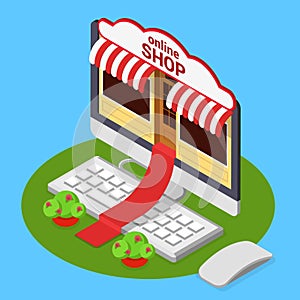 Online shop opening e-commerce flat isometric vector 3d