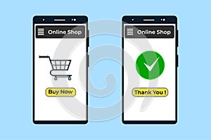 Online shop and order now concept inside a mobile phone vector. Shopping and buying online with a smartphone and online delivery