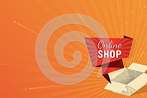 Online Shop origami banner out of post box on radial background. Promotion design in vector