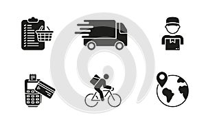 Online Shop Silhouette Icon Set. Global Delivery, Shipping, E-commerce Glyph Pictogram. Supermarket Shopping Solid Sign