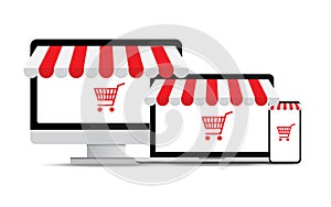 Online shop. Social media marketing shopping. Online shopping concept. Business concept. Digital marketing. Vector web button.