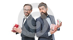 Online shop. success and reward. esthete. business partners on meeting isolated on white. bearded men hold valentines