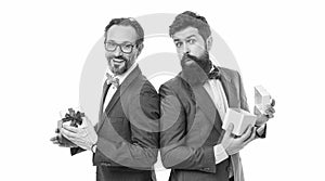 Online shop. success and reward. esthete. business partners on meeting isolated on white. bearded men hold valentines