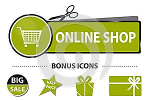 Online Shop Web Button With Shopping Cart And Bonus Icons - Vector Sticker Illustration With Scissor And Cut Line - Isolated On Wh