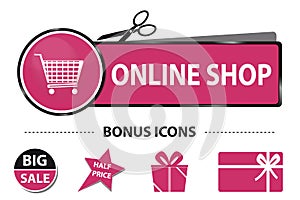 Online Shop Web Button With Shopping Cart And Bonus Icons - Vector Sticker Illustration With Scissor And Cut Line