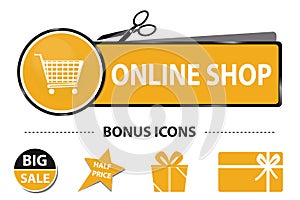 Online Shop Web Button With Shopping Cart And Bonus Icons - Vector Sticker Illustration With Scissor And Cut Line