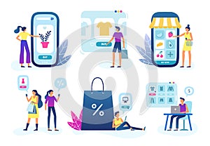 Online shop. Web store business, customer goods delivery service and internet buying and selling vector illustration