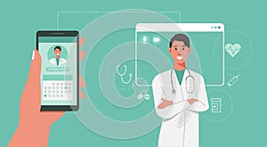 Human hand holding phone and using mobile app to book doctor appointment online