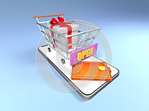 Online shopping 3D illustration concept with gift box in shopping cart and wallet