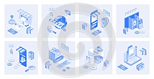 Online shopping 3d isometric concept set with isometric icons design for web. Collection of orders paying, purchasing at sales,