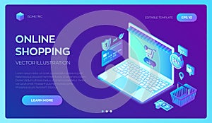 Online shopping. 3D isometric online store. Shopping Online on Website or Mobile Application. Concept of e-commerce sales, digital