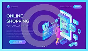 Online shopping. 3D isometric online store. Shopping Online on Website or Mobile Application. Woman customer character. E-commerce