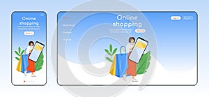 Online shopping adaptive landing page flat color vector template