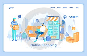 Online Shopping, Application, Service, Banking. People buy items online via phone and laptop. Home delivery service. landing web
