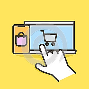 Online shopping background. Vector filled outline icons on banner for ecommerce. Hand pointing with laptop and smartphone with