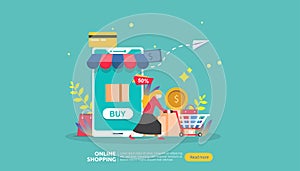 Online shopping banner. Business concept for Sale e-Commerce with smartphone and tiny people character. template for web landing