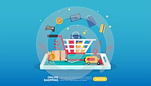 Online shopping banner. Business concept for Sale e-Commerce with smartphone and tiny people character. template for web landing