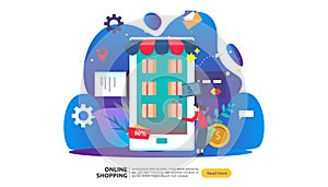 Online shopping banner. Business concept for Sale e-Commerce with smartphone and tiny people character. template for web landing