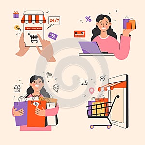 Online shopping banner set, internet store  mobile app templates