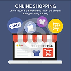 Online shopping banner with text and icon, flat style