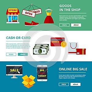 Online shopping banners. E-commerce web store products mobile application marketing strategy concept vector flat