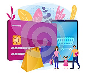 Online shopping. Bright purple vector illustration of family shopping