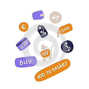 Online shopping business icons. Simple doodle flat e-store icon set. E-commerce signs. Vector illustration
