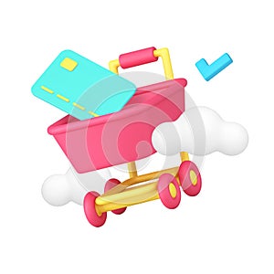 Online shopping card payment approved with supermarket grocery trolley 3d icon realistic vector
