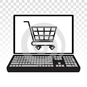 Online shopping cart on laptop flat icons