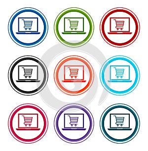 Online shopping cart laptop icon flat round buttons set illustration design