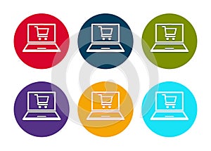 Online shopping cart laptop icon modern flat round button set illustration