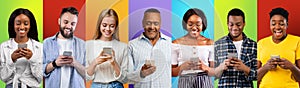 Online Shopping. Cheerful Multiethnic People Using Smartphones While Posing Over Colorful Backgrounds