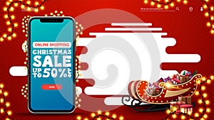 Online Shopping, Christmas sale, up to 50% off, red discount template with smartphone with offer and button on screen, copy space