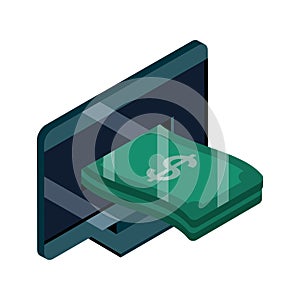 Online shopping, computer screen money banknote isometric isolated icon