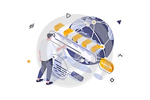 Online shopping concept in 3d isometric design. Man searching new goods in global stores sites and ordering delivery from computer