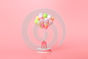 Online shopping concept. balloons and gift boxes with shopping bag on pink background. 3D render illustration