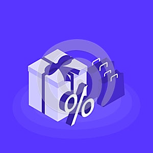 Online shopping concept banner. Gift box and a shopping bag with a sign percentages. Flat isometric vector illustration