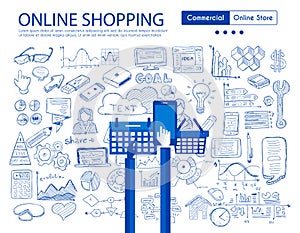 Online Shopping concept with Business Doodle design style: online carts, sales and offers, best timing.