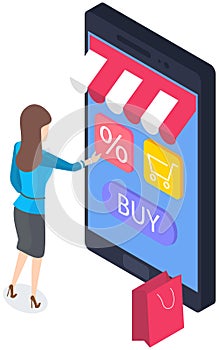 Online shopping concept. Business woman standing near her phone chooses products on store website