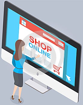 Online shopping concept. Business woman standing near monitor chooses products on store website