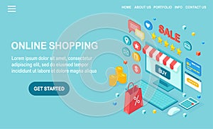 Online shopping concept. Buy in retail shop by internet. Discount sale. 3d isometric computer, laptop with money, credit card,