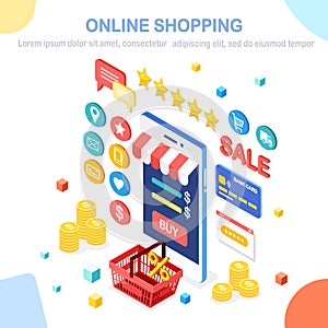 Online shopping concept. Buy in retail shop by internet. Discount sale. 3d isometric mobile phone, smartphone with money, credit