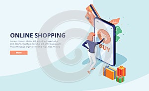 Online shopping concept with character. Sale and consumerism. Young woman shop online using smartphone. Web banner