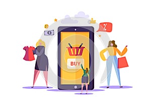 Online Shopping Concept with Characters. Mobile E-commerce Store with Flat People Buying Products with Smartphone
