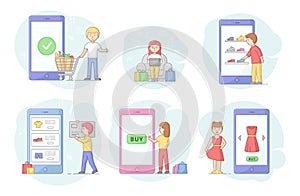 Online Shopping Concept. Customers Order, Buy, Pay For Goods On Gadgets Screen. Online Gift Purchase, Gift Shop