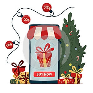 Online shopping concept with decorated Christmas tree and gift boxes. E-Commerce Online Shop, Digital marketing concept. Christmas