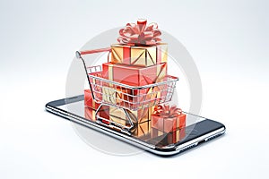 Online shopping concept. E-commerce. Supermarket cart full of boxes stays on mobile phone