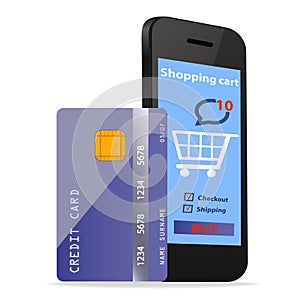 Online Shopping concept e-commerce technology with modern Smartphone and credit card isolated on white