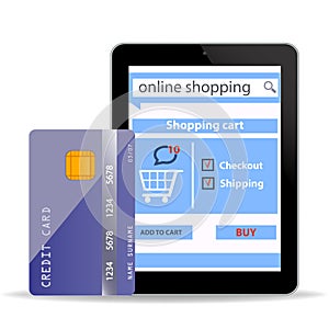 Online Shopping concept e-commerce technology with modern tablet pc and credit card isolated on white