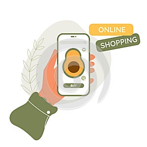 Online shopping concept. Female hand hold phone with app for order vegetables on device screen. Character buying vegetables from